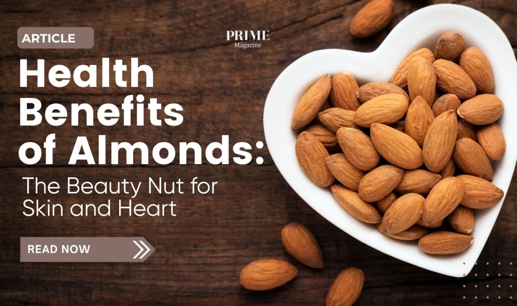A white heart-shaped bowl filled with almonds on a rustic wooden table, representing the health and beauty benefits of almonds for skin and heart.