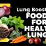 Graphic showing healthy foods such as carrots, apples, oranges, greens and herbs promoting foods for healthy lungs.