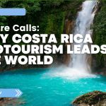 Waterfall flowing into a bright turquoise pool surrounded by lush green rainforest in Costa Rica, with text promoting an article on why the country leads in ecotourism.