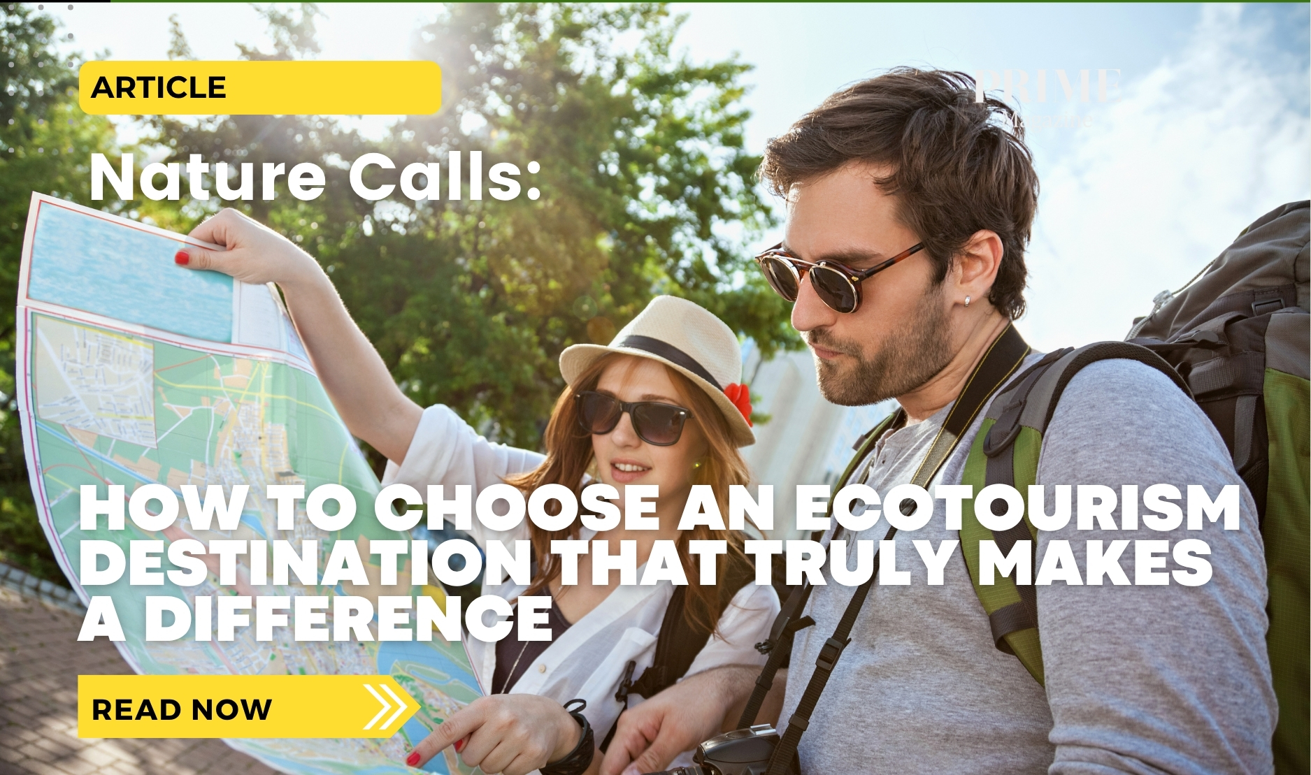 Two tourists outdoors examining a map together, preparing for travel, with the article title “How to Choose an Ecotourism Destination That Truly Makes a Difference” overlaid on the image.