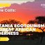 Sunset over the African savannah in Tanzania with acacia trees silhouetted against an orange sky, featuring the headline “Tanzania Ecotourism and the Great African Wilderness.”