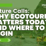 Article banner showing people kayaking on a calm river surrounded by limestone cliffs, with the headline ‘Nature Calls: Why Ecotourism Matters Today — And Where to Begin’ from Prime Magazine.