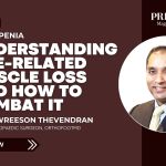 Promotional banner with the article title on age-related muscle loss and a professional headshot on the right side.