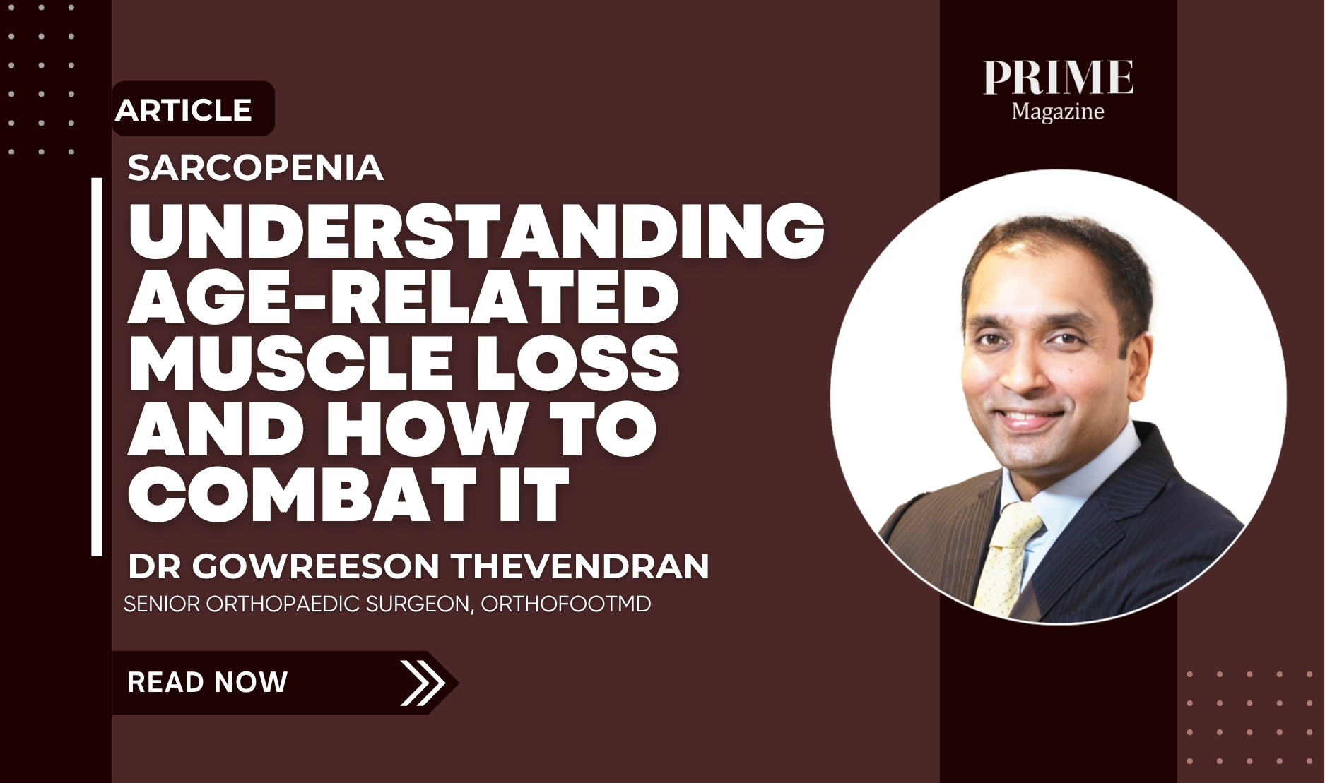 Promotional banner with the article title on age-related muscle loss and a professional headshot on the right side.