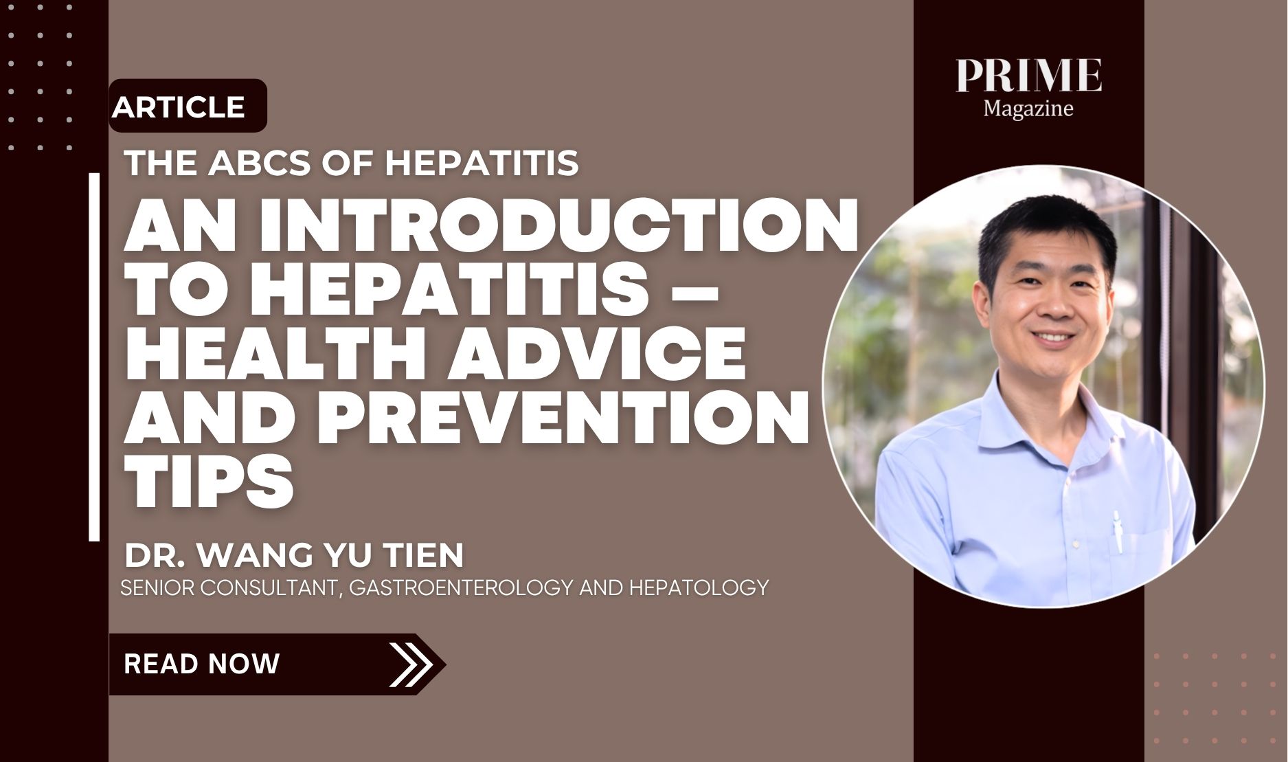 Promotional banner with the article title about hepatitis and a professional headshot on the right side.