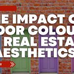 Colourful front doors—purple, green, blue, and pink—against a brick wall with the article title ‘The Impact of Door Colour on Real Estate Aesthetics