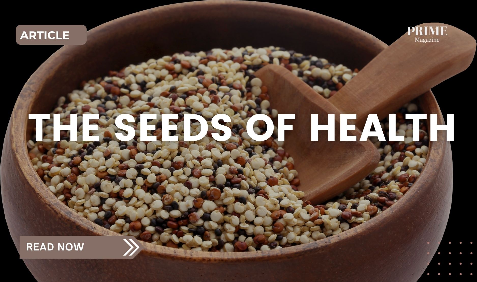 Bowl of mixed quinoa seeds with a wooden scoop, representing healthy whole grains.