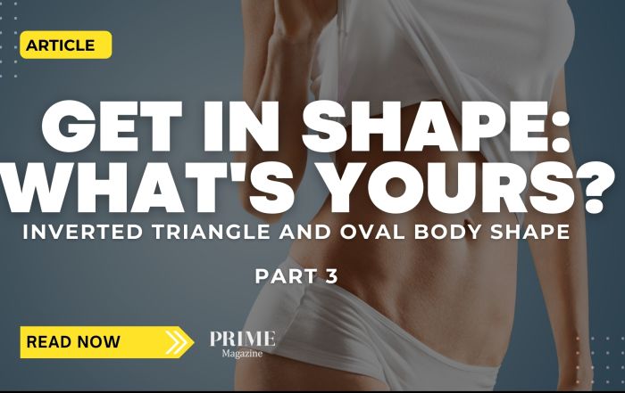 Prime Magazine banner titled ‘Get in Shape: What’s Yours? Part 3,’ featuring a close-up of a fit person’s midsection, highlighting inverted triangle and oval body shapes.