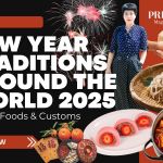 Promotional graphic for Prime Magazine’s article ‘New Year Traditions Around the World 2025’ featuring fireworks, traditional foods like soba noodles, hotpot, mandarin oranges, and red glutinous rice cakes, along with a woman in festive attire.