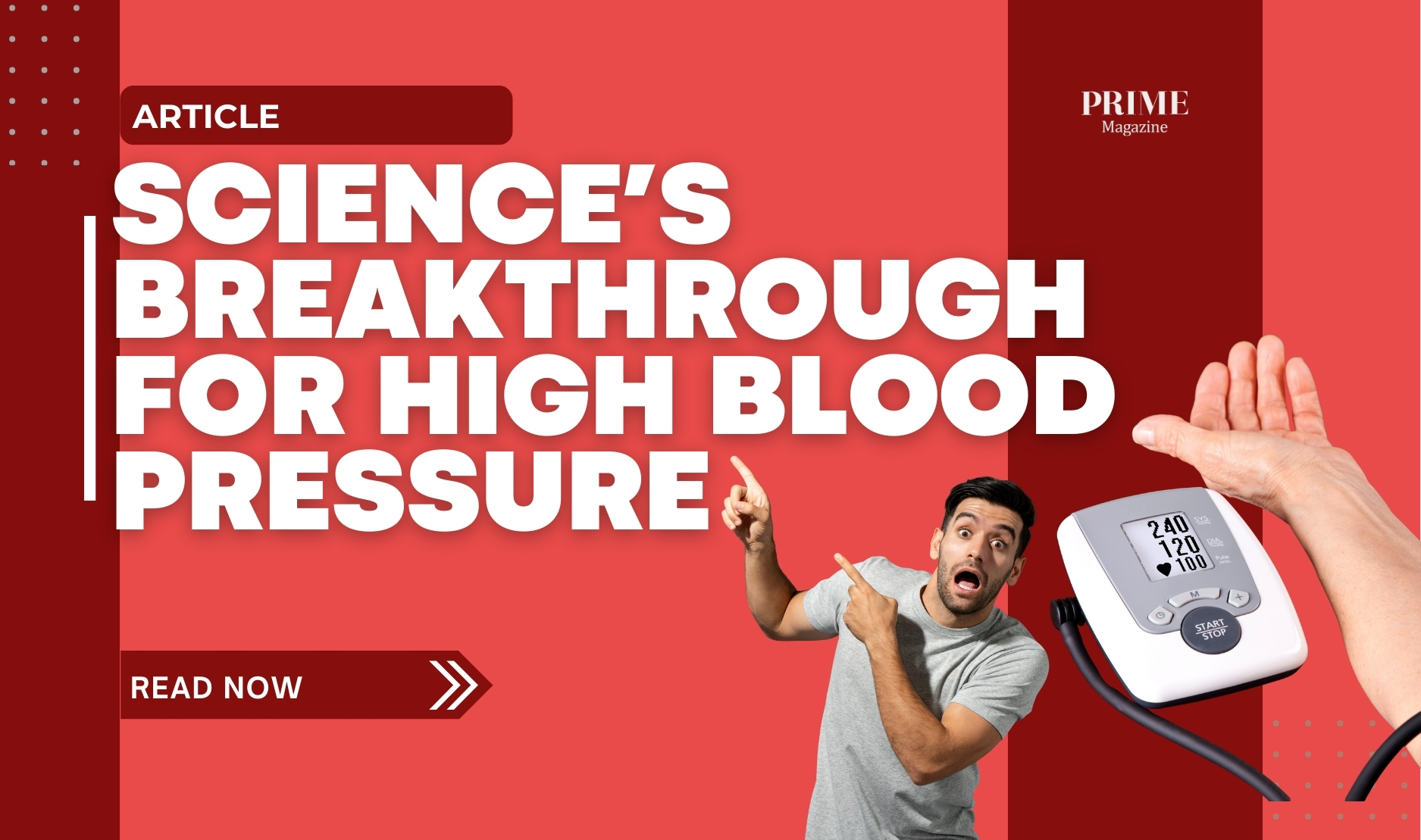 Illustration highlighting a new blood pressure treatment breakthrough, shown with a digital blood pressure monitor
