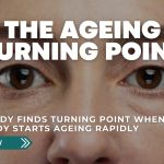 Ageing turning point shown through a close-up of a middle-aged woman’s eyes, illustrating when the body starts ageing more rapidly