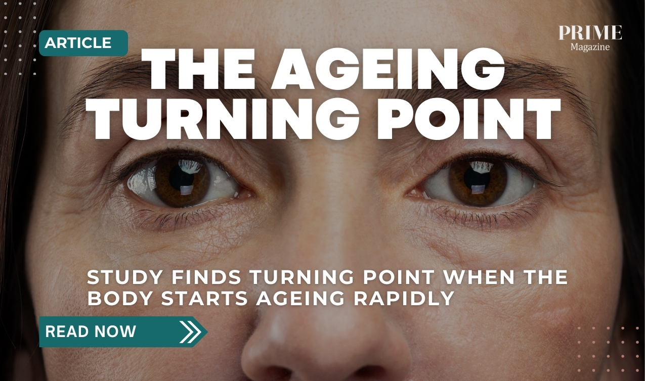 Ageing turning point shown through a close-up of a middle-aged woman’s eyes, illustrating when the body starts ageing more rapidly