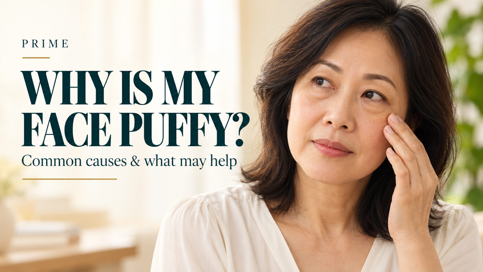 Woman touching her cheek beside the headline “Why Is My Face Puffy? Common causes & what may help”.