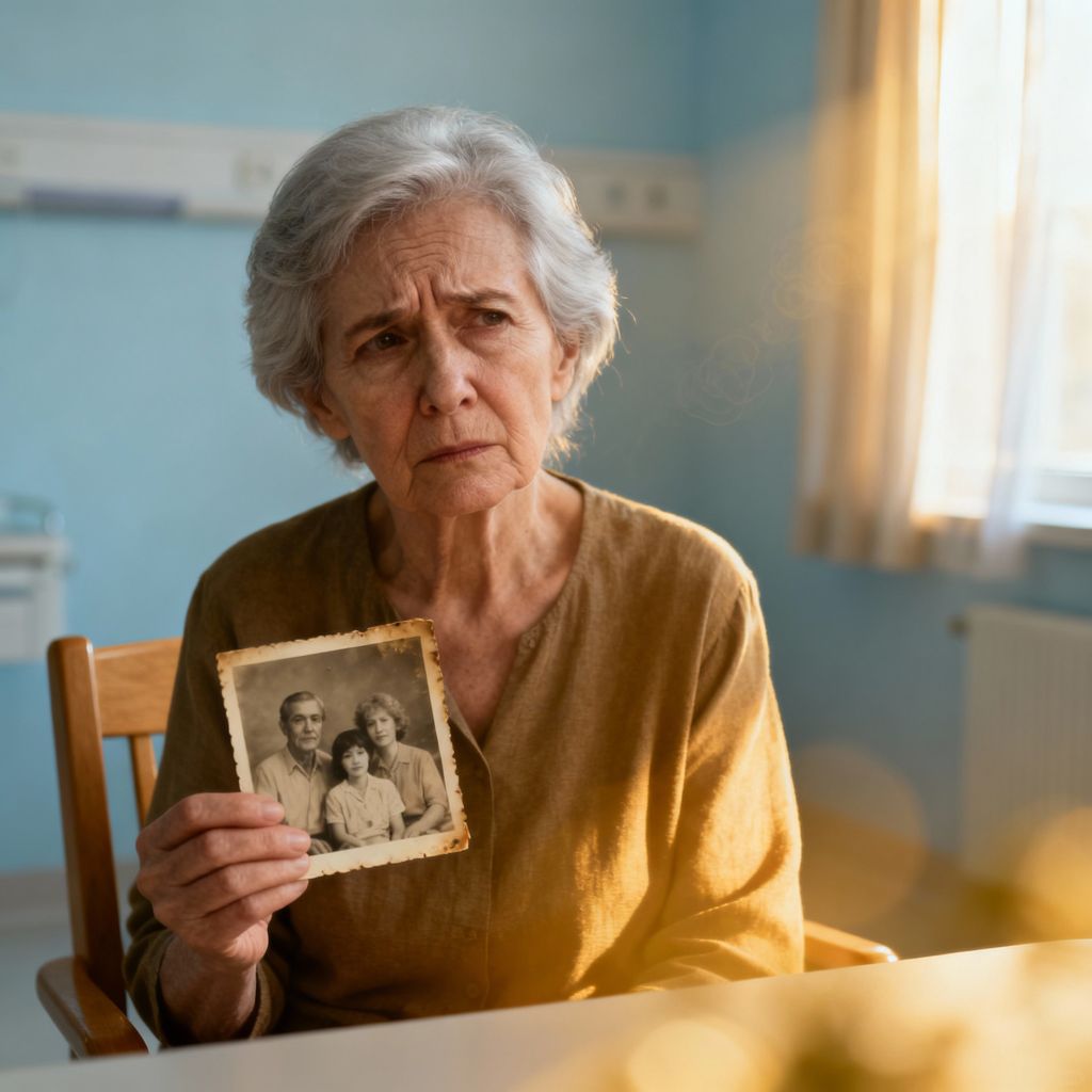 An elderly woman with short grey hair sits quietly at a table in a softly lit room, holding an old black-and-white family photograph. Her expression is pensive and slightly distressed, suggesting confusion, longing, or emotional strain. Warm sunlight filters through a nearby window, casting a gentle glow that contrasts with the seriousness of her mood. The worn photograph she holds shows a younger family moment, symbolising memory, loss, and the passage of time. The scene evokes themes of ageing, remembrance, and emotional vulnerability often associated with memory-related challenges.