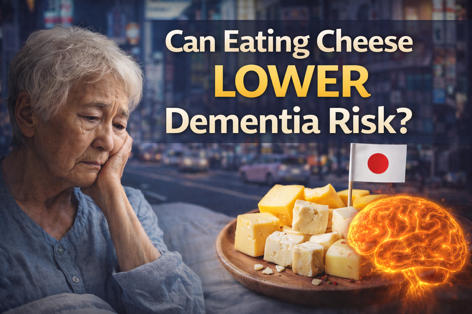 Cheese and brain health concept showing cheese linked to lower dementia risk in older adults