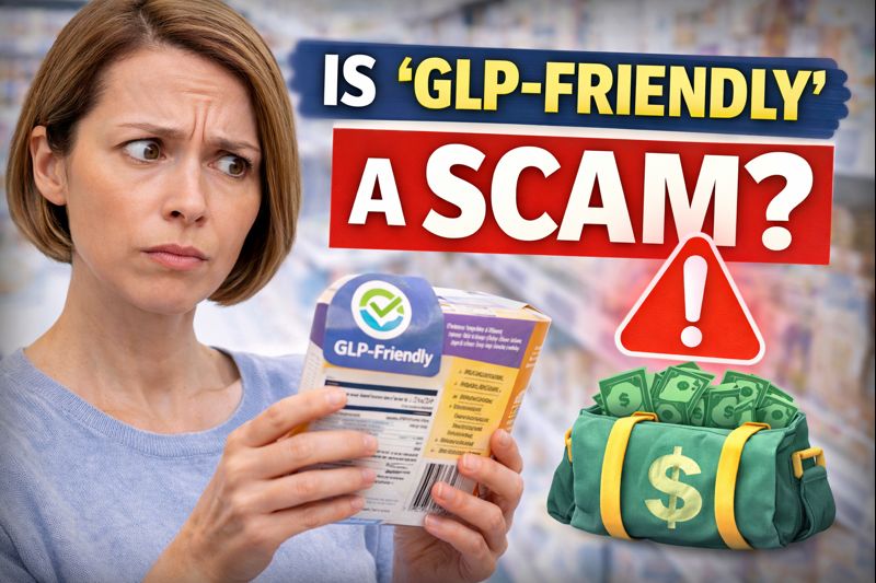 Woman examining GLP-friendly foods packaging and questioning marketing claims