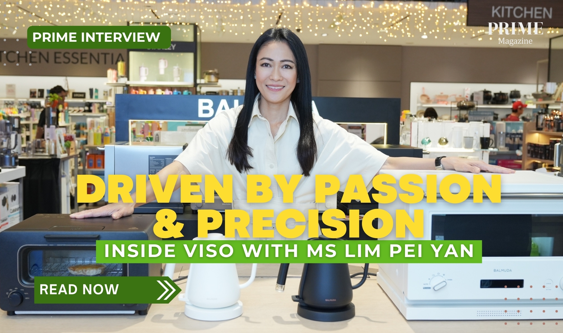 Lim Pei Yan of VISO at a Prime interview shoot, standing in a retail showroom with curated lifestyle appliances