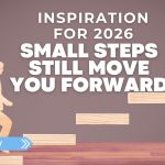 Hands placing wooden blocks like steps as a small human figure climbs upward, symbolising gradual progress and personal growth.