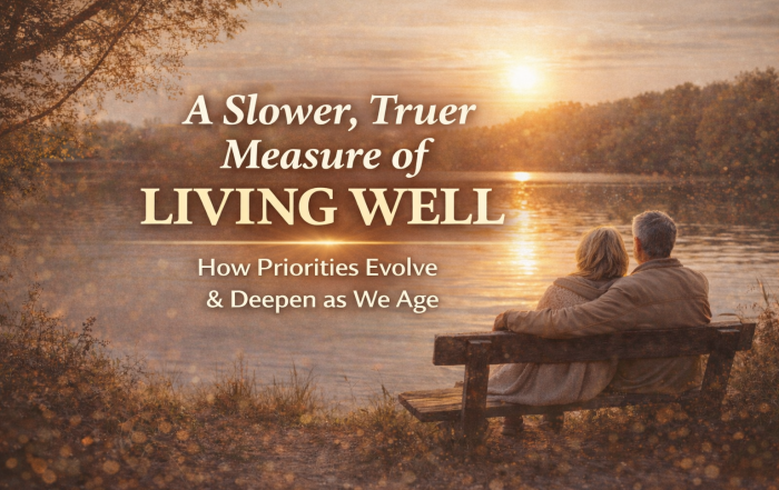 An older couple sits on a bench by a lake at sunset, reflecting on ageing, priorities, and what it means to live well.