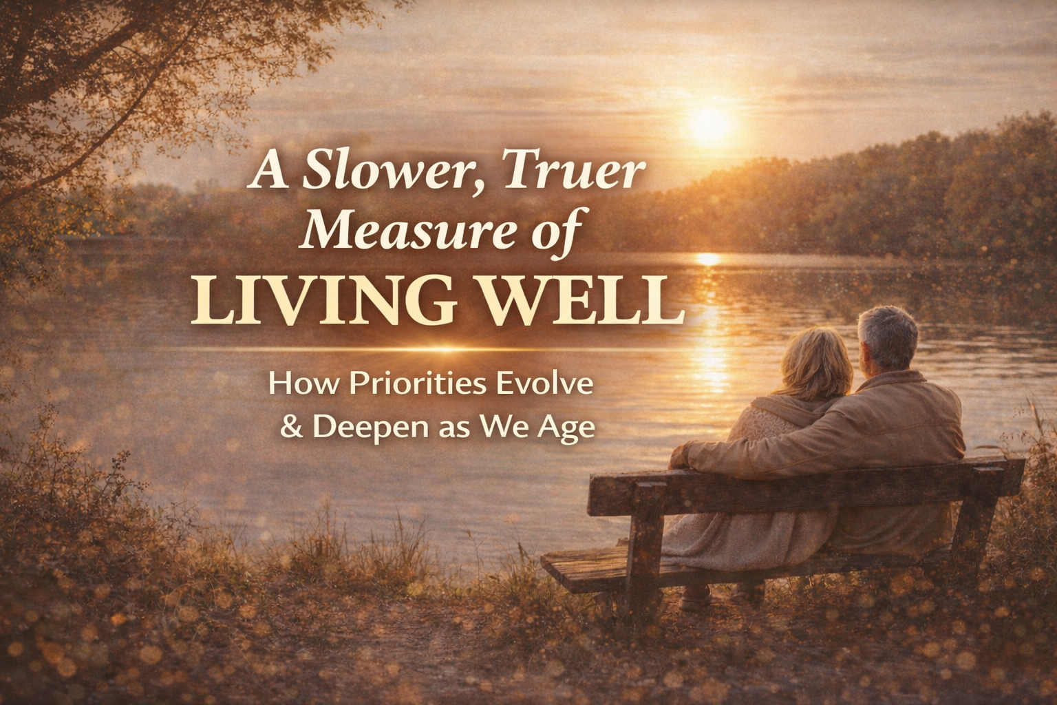 An older couple sits on a bench by a lake at sunset, reflecting on ageing, priorities, and what it means to live well.