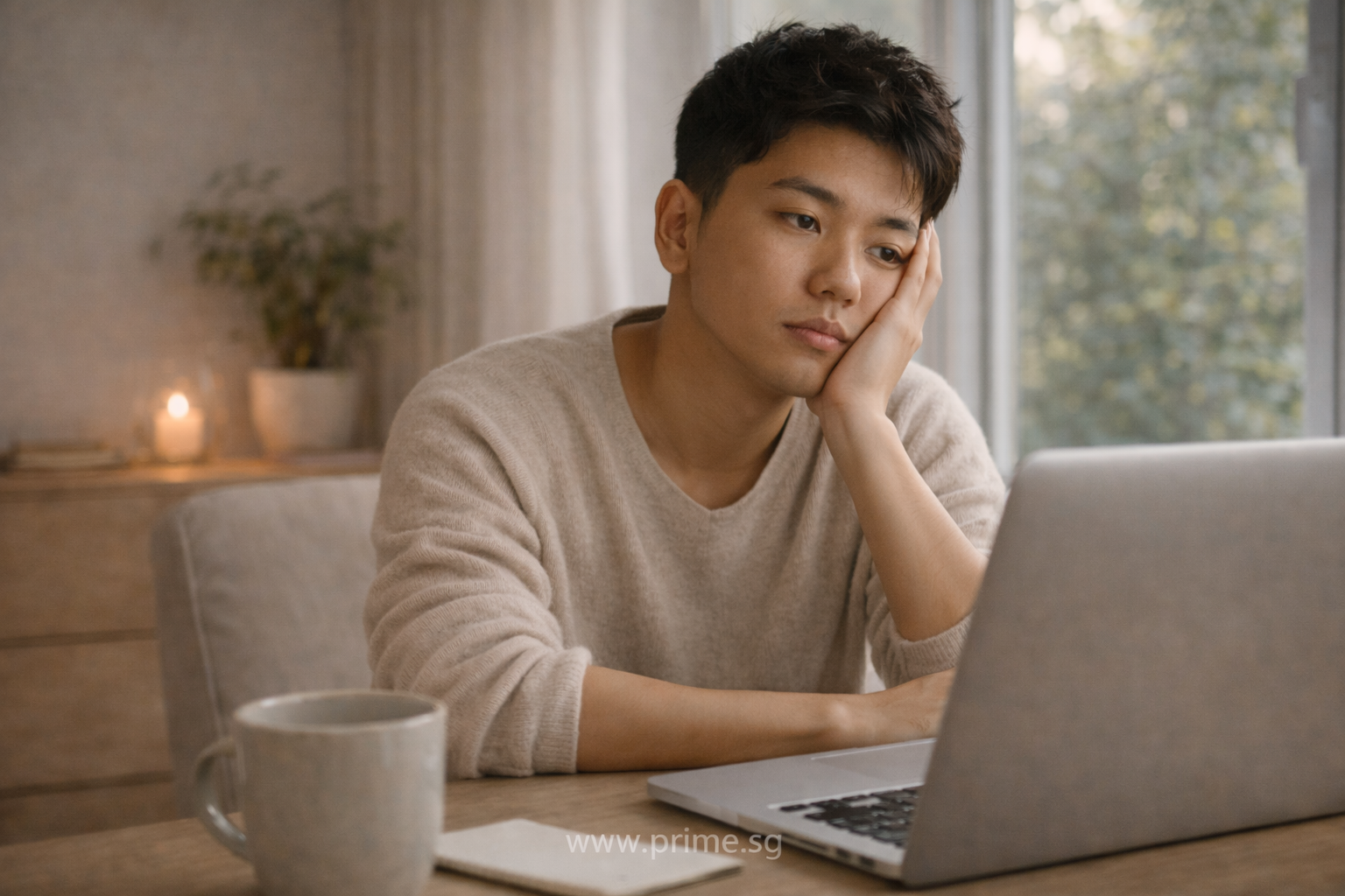 Singaporean Man Paused at Desk or Couch