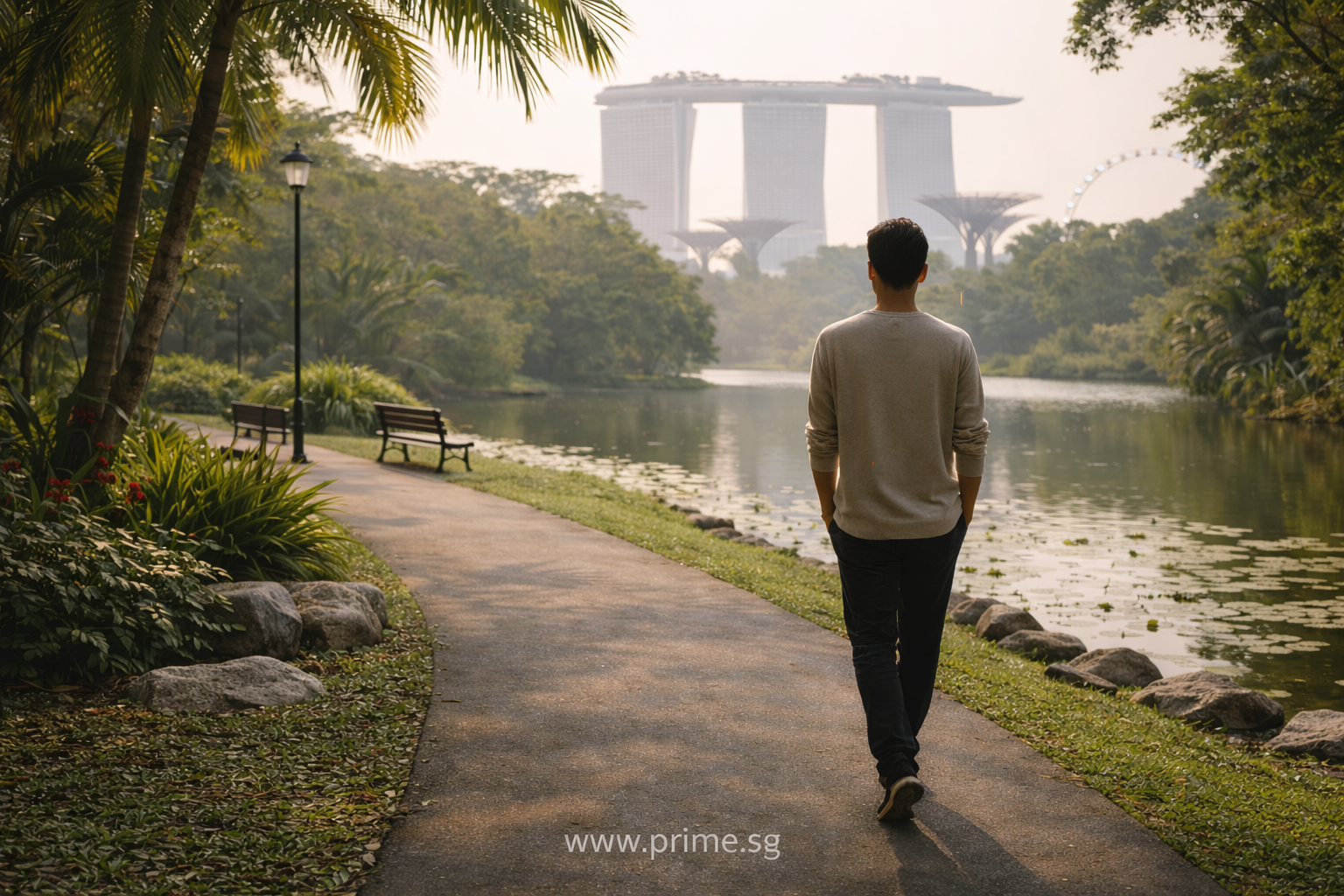 Person Walking Slowly in a Singapore Park