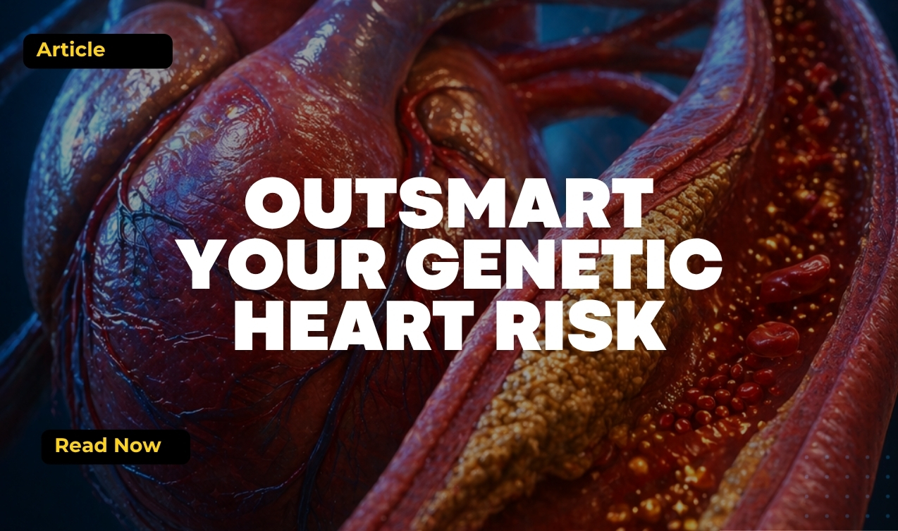 Illustration of a human heart and blood vessels with plaque buildup alongside the headline “Outsmart Your Genetic Heart Risk”.