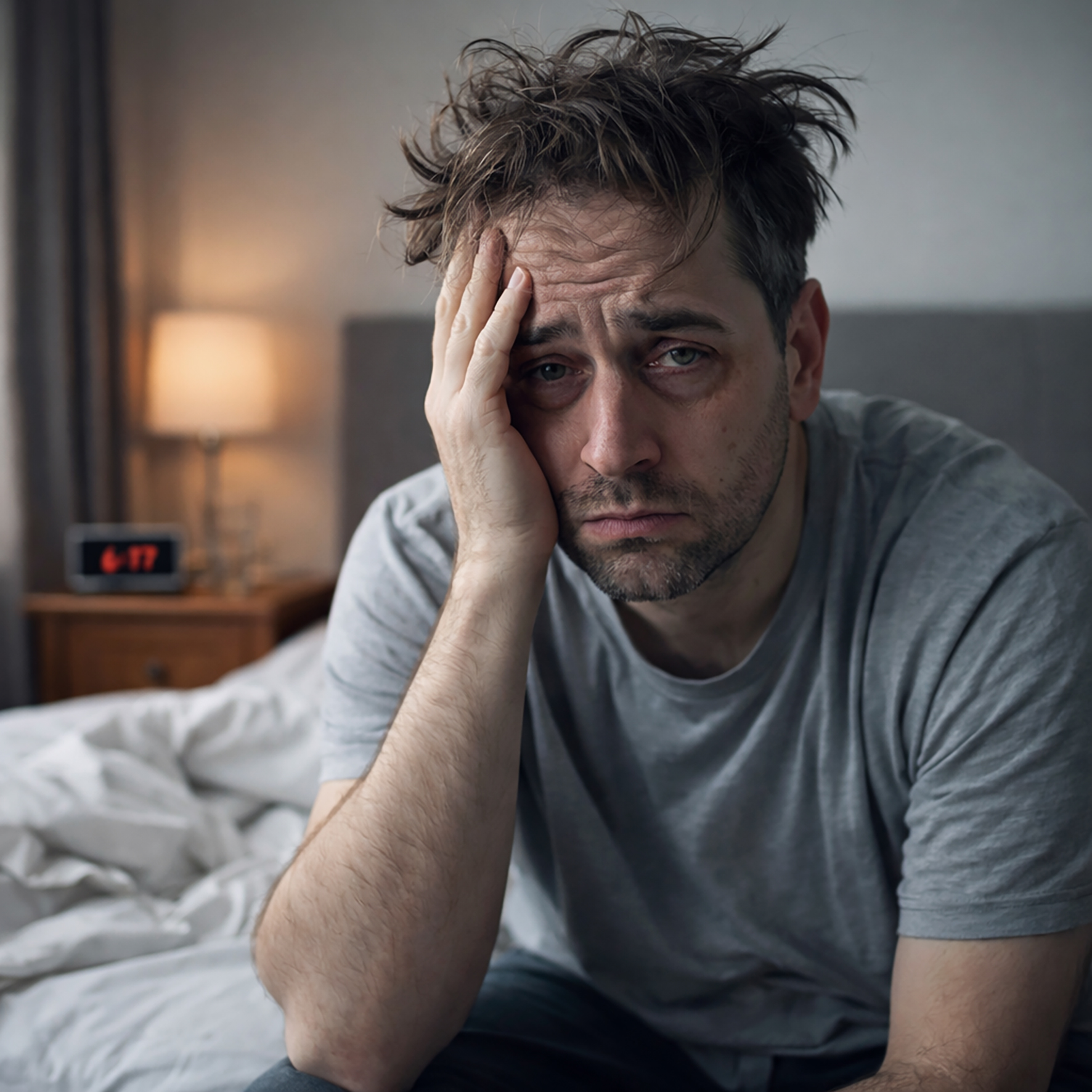A sleep-deprived man sitting on his bed highlights how chronic stress and poor-quality sleep can contribute to fatigue, burnout, and declining health.