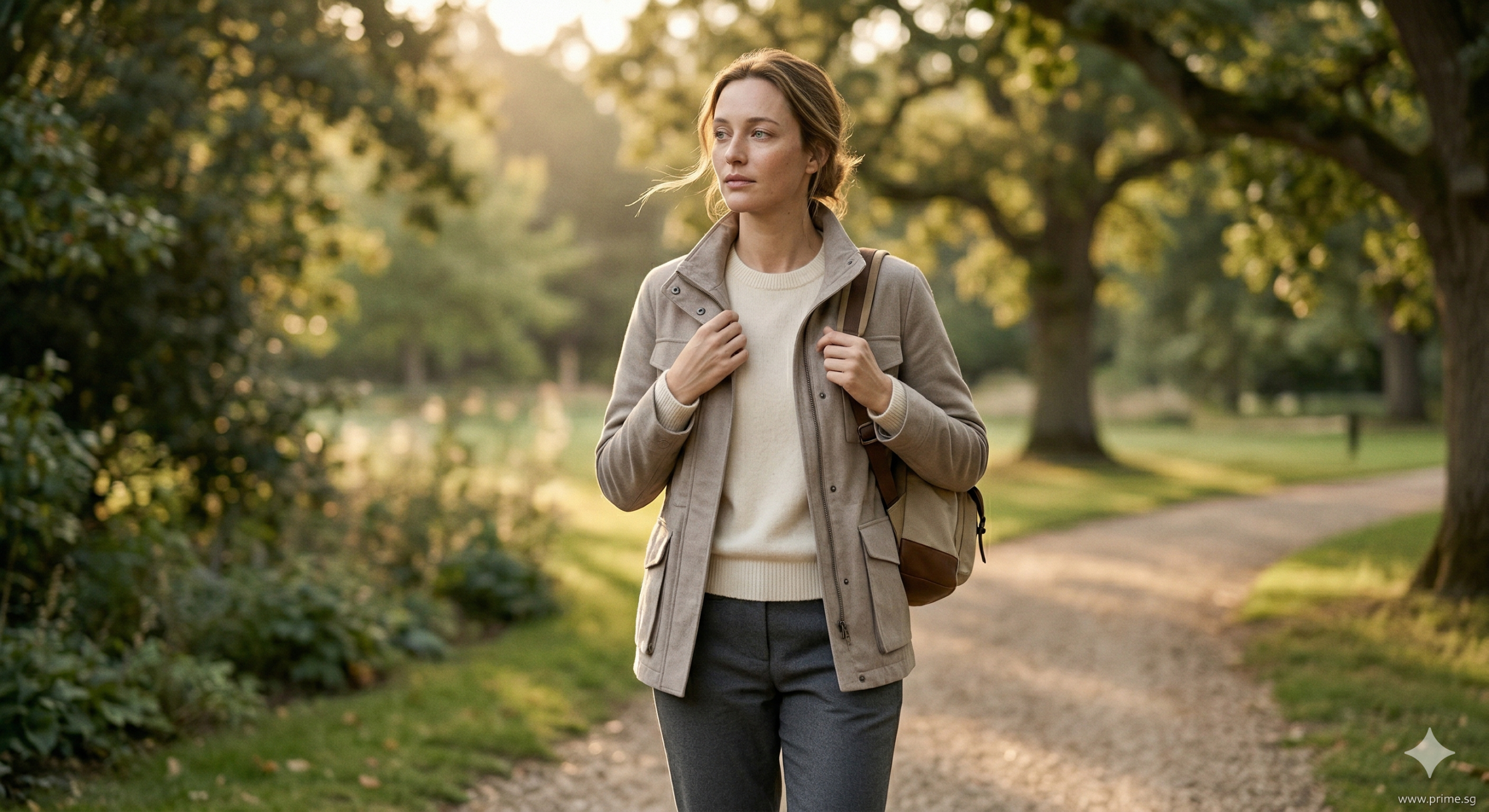 Woman reflecting during a morning walk symbolising listening to the body's fatigue signals.