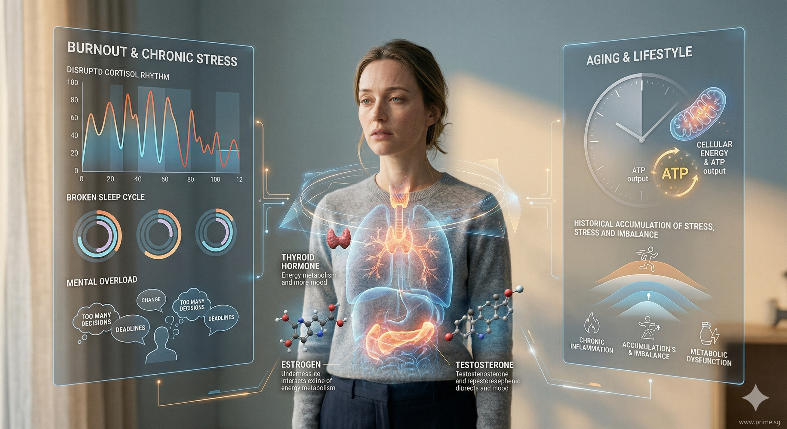 Medical infographic showing burnout, hormonal changes and ageing as causes of persistent fatigue.