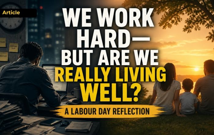 A split-scene image showing a person working late at a desk on one side and a family enjoying a sunset together on the other, with the text “We work hard — but are we really living well?”