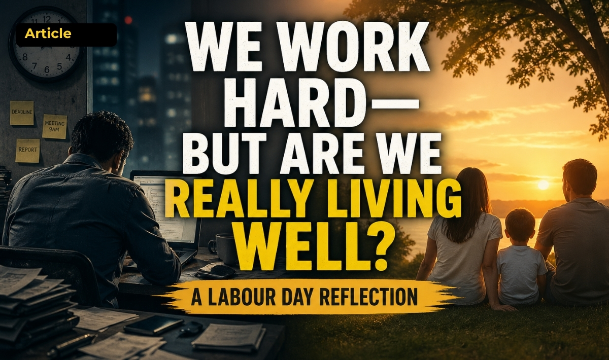 A split-scene image showing a person working late at a desk on one side and a family enjoying a sunset together on the other, with the text “We work hard — but are we really living well?”