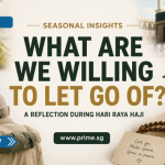 Promotional banner for a Hari Raya Haji reflection article titled “What Are We Willing to Let Go Of?” featuring reflective imagery, prayer beads, and warm festive tones.
