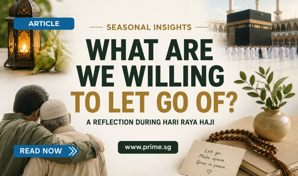 Promotional banner for a Hari Raya Haji reflection article titled “What Are We Willing to Let Go Of?” featuring reflective imagery, prayer beads, and warm festive tones.