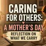 A warm-toned Mother’s Day image showing a mother sitting quietly beside a table with flowers, a greeting card and a mug, alongside the words “Caring for Others: A Mother’s Day Reflection on What We Carry.”