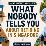 Retirement in Singapore article cover featuring older Singaporean couple, city skyline and lifestyle images about ageing, purpose and life after work