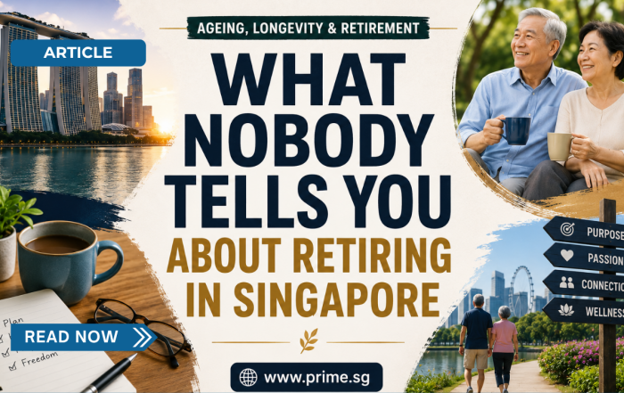 Retirement in Singapore article cover featuring older Singaporean couple, city skyline and lifestyle images about ageing, purpose and life after work