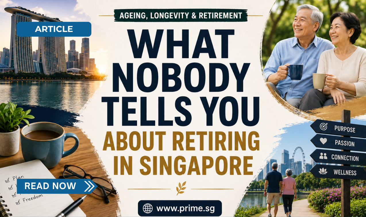 Retirement in Singapore article cover featuring older Singaporean couple, city skyline and lifestyle images about ageing, purpose and life after work