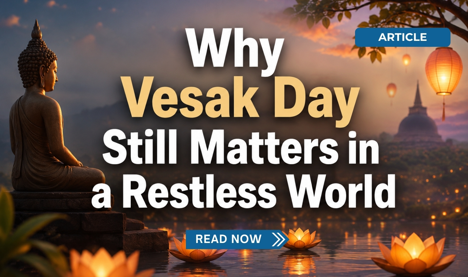 Promotional banner for a Vesak Day reflection article featuring a Buddha silhouette, lotus flowers, lanterns, and the title “Why Vesak Day Still Matters in a Restless World.”