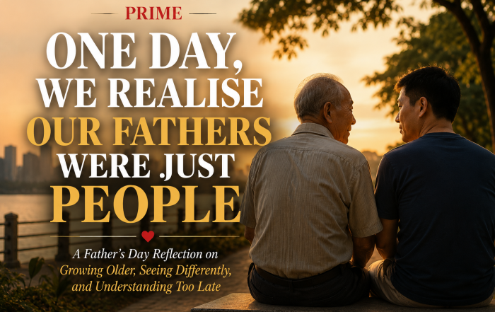 Cover image for an article titled "One Day, We Realise Our Fathers Were Just People". An elderly father and his adult son sit side by side on a bench by the water at sunset, looking out over the city skyline. Warm golden light creates a reflective and emotional atmosphere, highlighting themes of family, ageing, understanding, and appreciation.