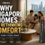 Family relaxing together in a modern Singapore living room with a city skyline view, surrounded by energy-efficient home appliances including a bladeless fan and dehumidifier. The image promotes the article "Why Singapore Homes Are Rethinking Comfort in 2026" and highlights trends in home comfort, airflow, humidity control, and smarter living.