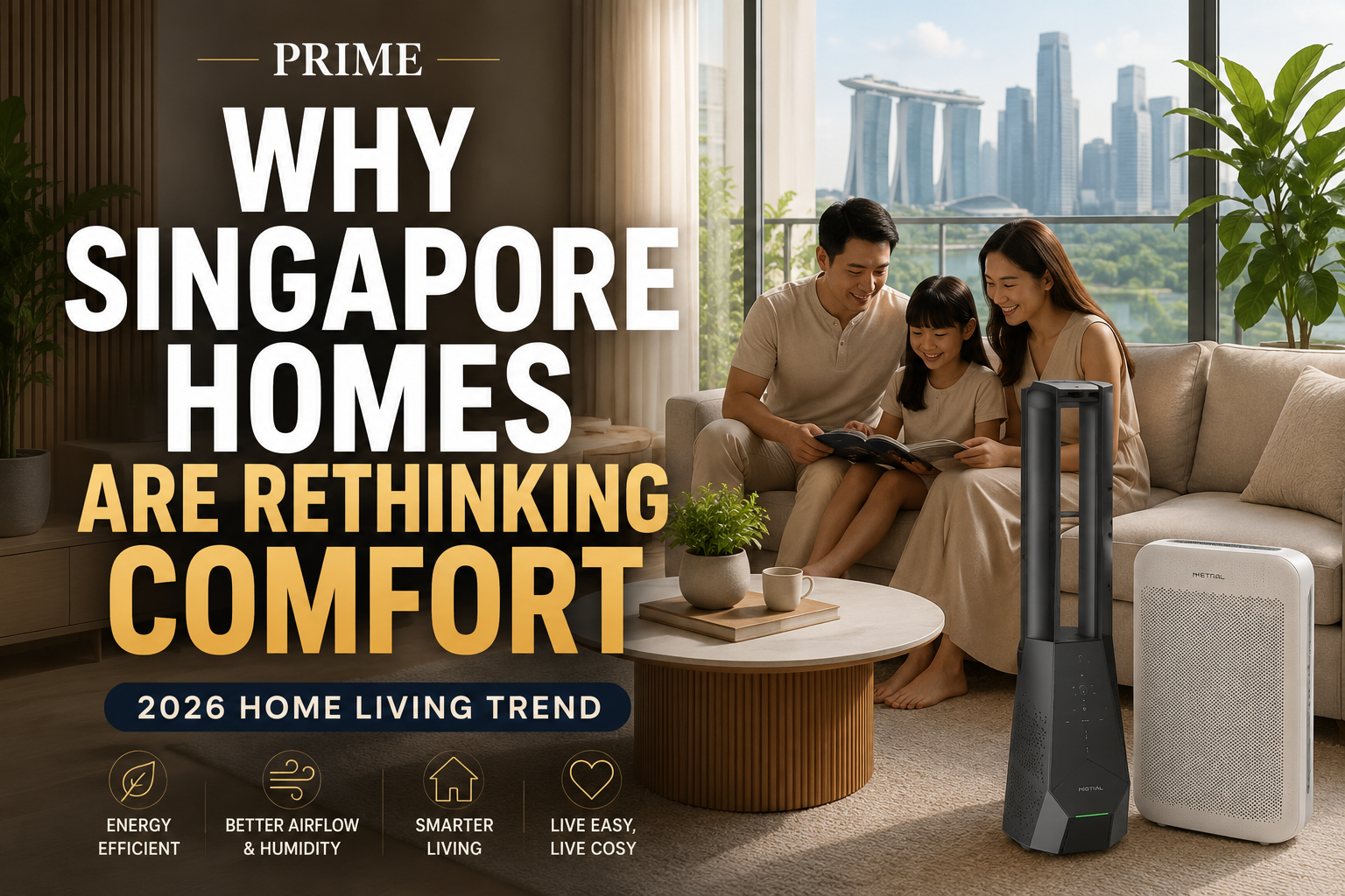 Family relaxing together in a modern Singapore living room with a city skyline view, surrounded by energy-efficient home appliances including a bladeless fan and dehumidifier. The image promotes the article "Why Singapore Homes Are Rethinking Comfort in 2026" and highlights trends in home comfort, airflow, humidity control, and smarter living.