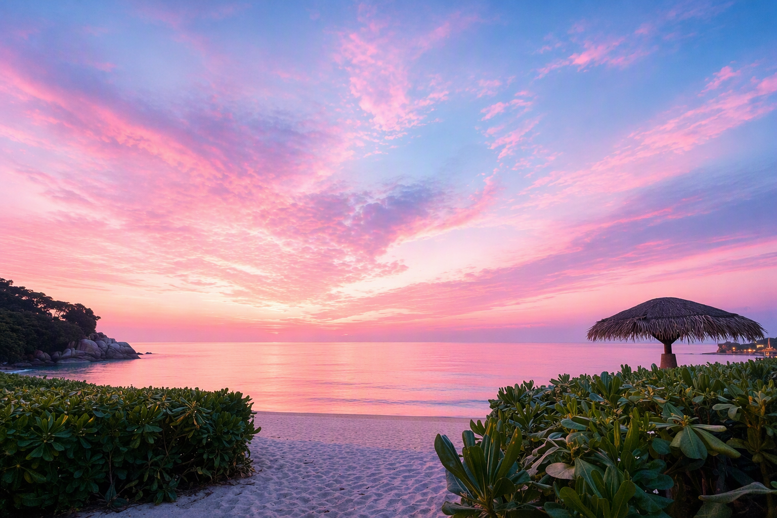 A breathtaking sunset over the private beach at Garrya Tongsai Bay Samui, with pastel pink and purple skies overlooking the Gulf of Thailand.