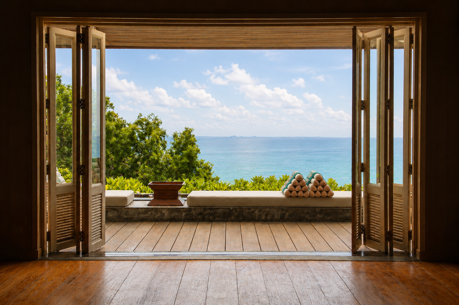 Open villa doors overlooking the ocean at Garrya Tongsai Bay Samui, a luxury wellness retreat in Koh Samui.