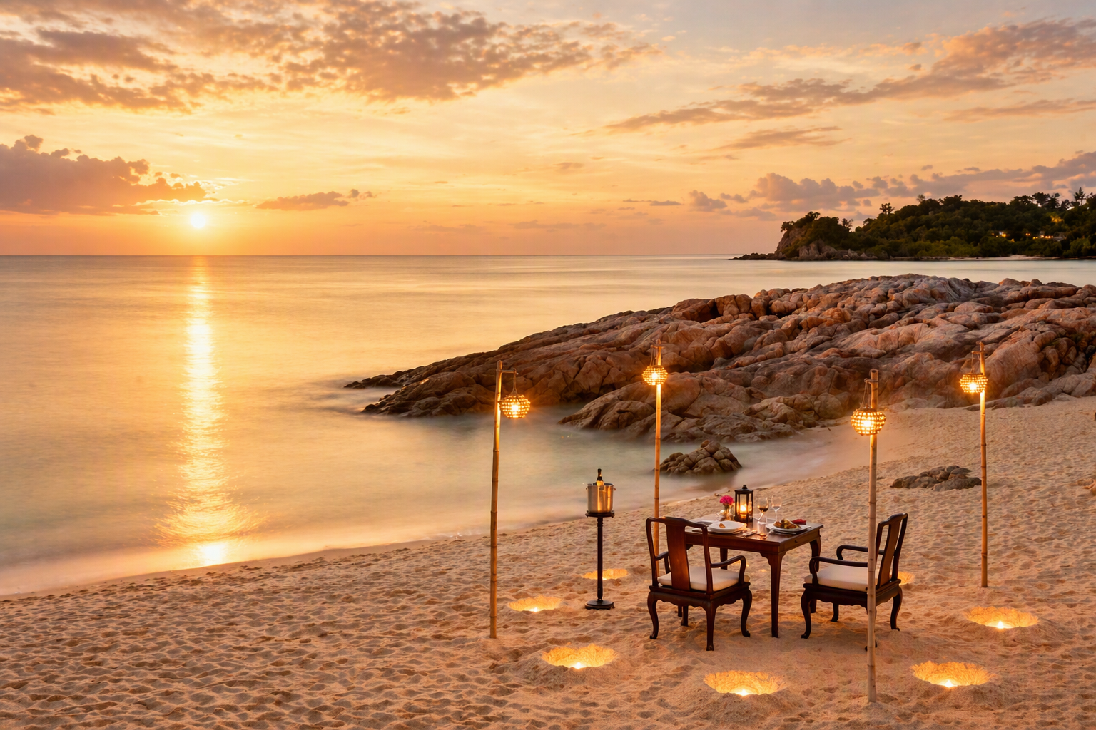 Romantic Sunset Beach Dinner at Garrya Tongsai Bay Samui Private beachfront dining at sunset at Garrya Tongsai Bay Samui in Koh Samui, Thailand.