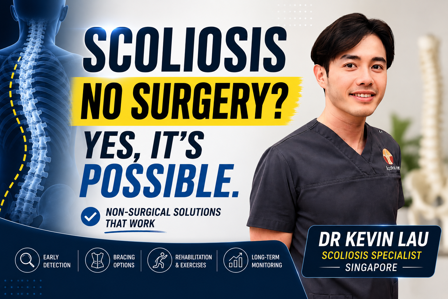Dr Kevin Lau explaining non-surgical scoliosis treatment options, including early detection, bracing, rehabilitation and long-term monitoring for scoliosis management.