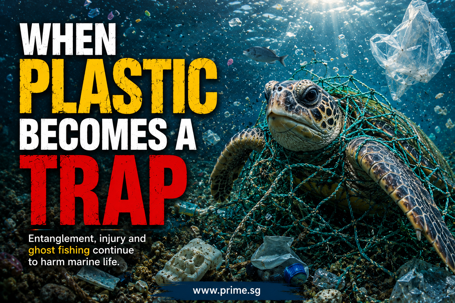 Sea turtle entangled in a discarded fishing net amid plastic pollution underwater.