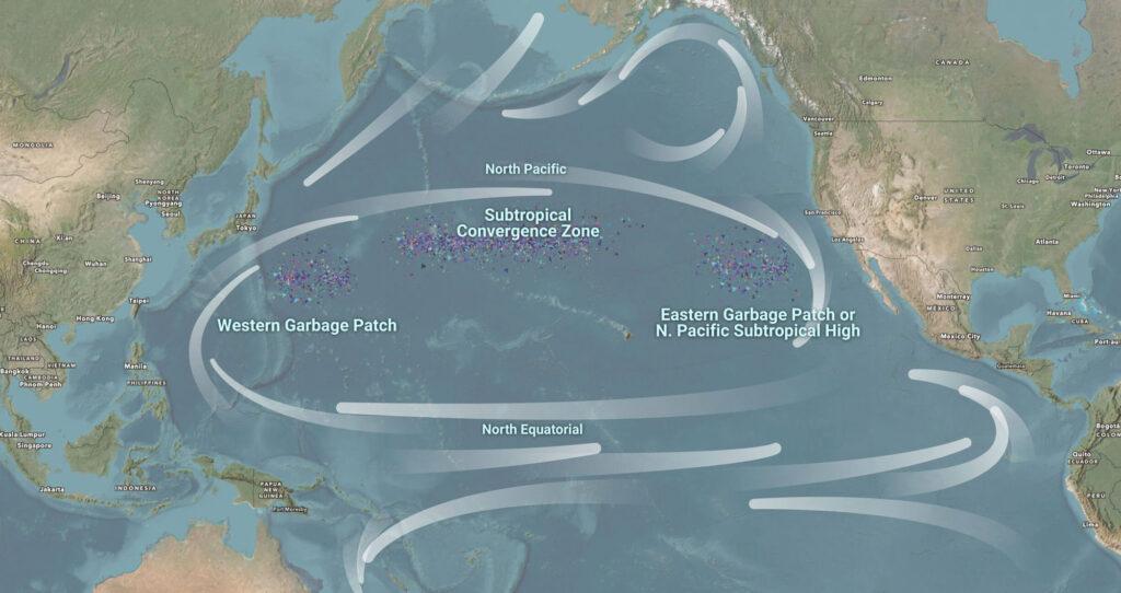 Map showing ocean currents and the Western and Eastern sections of the Great Pacific Garbage Patch.