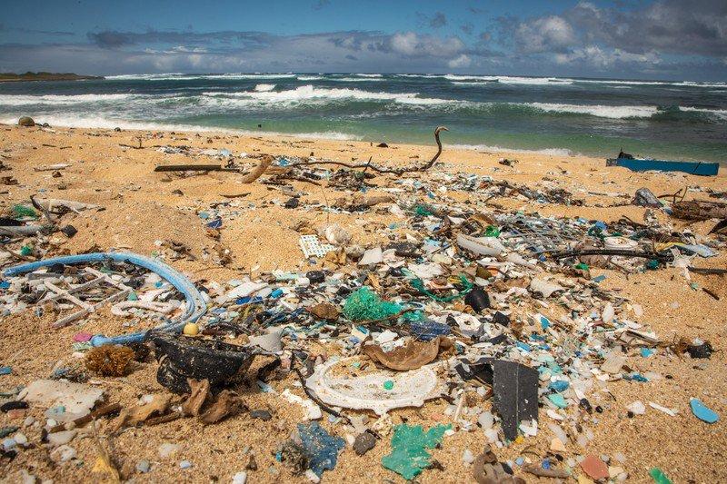 Plastic waste and discarded fishing gear scattered across a beach beside the ocean.