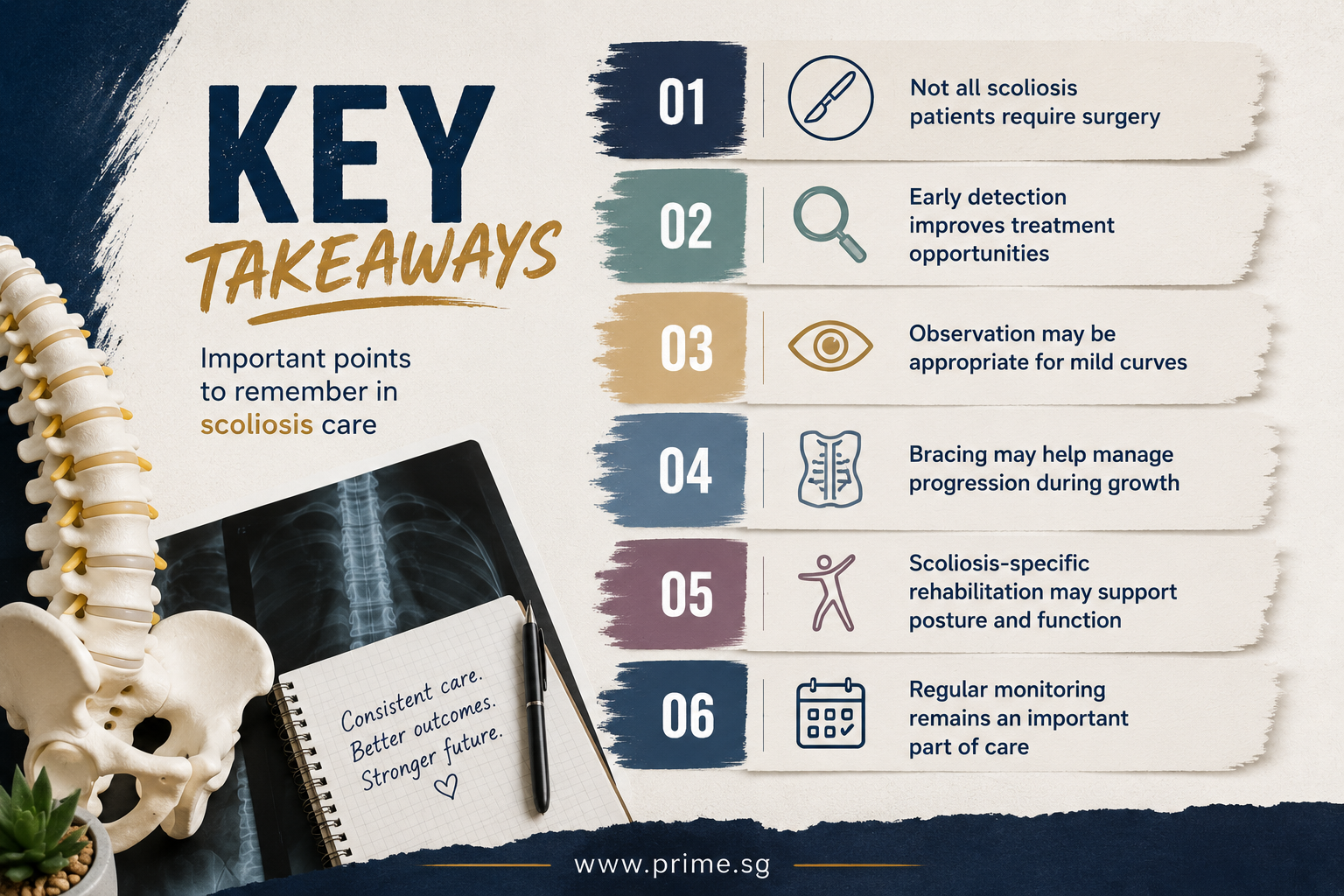 Infographic summarising the key takeaways of non-surgical scoliosis treatment, including early detection, observation, bracing, rehabilitation and regular monitoring.